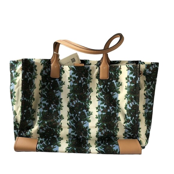 Tory Burch Ella Logo Prints Large Nylon Tote Rayure Fleurie New w/tag Authentic - Picture 4 of 7